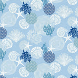 Maritim Blå – Vaxduk med snäckor och koraller, mönster