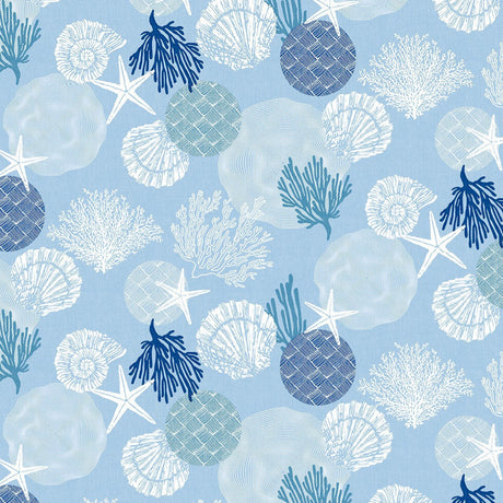 Maritim Blå – Vaxduk med snäckor och koraller, mönster