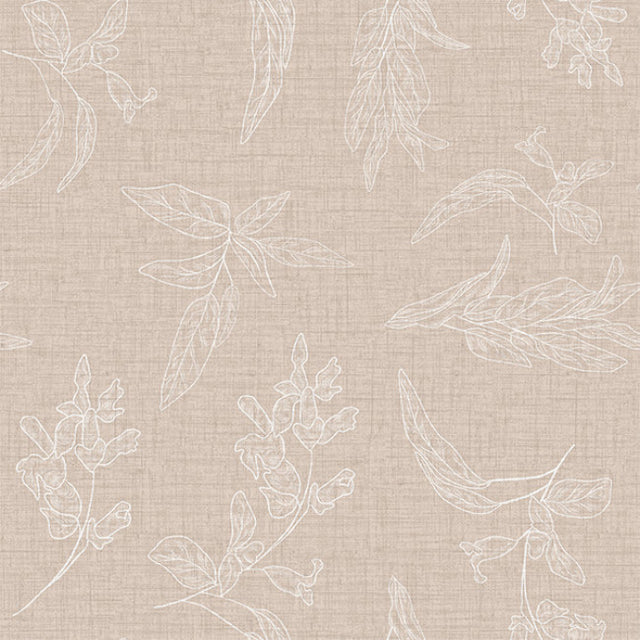Närbild av Mesina Beige - Vaxduk i linne-look med vitrandiga blad
