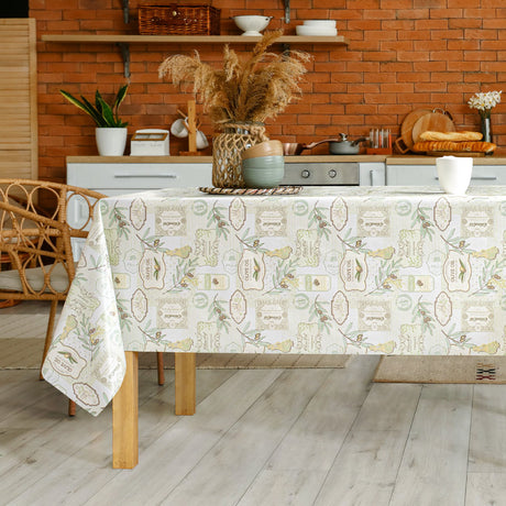 Närbild Olive in Pastel- ljusgrön duk med olivkvistar