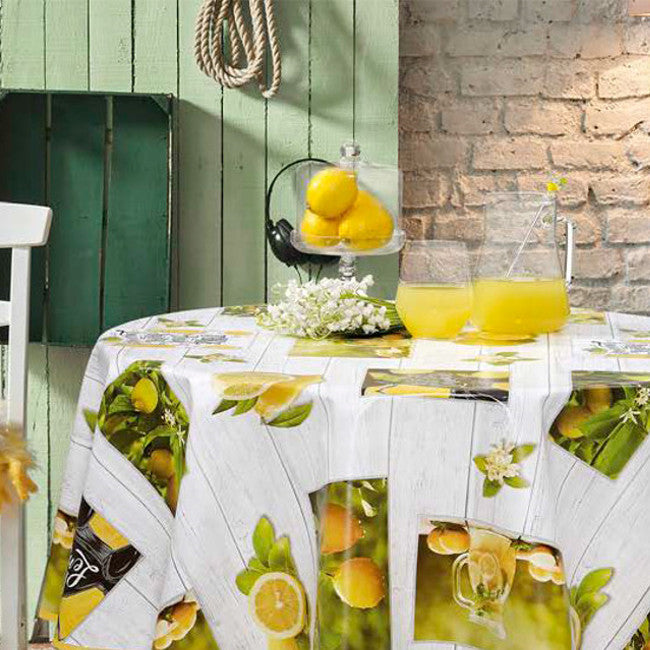 Sommar och citroner - Rund vaxduk med citroner på grå plankor