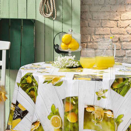 Sommar och citroner - Rund vaxduk med citroner på grå plankor