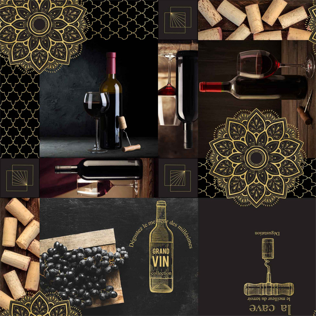 Vinlagrare guld - Vaxduk med druvor och rödvin