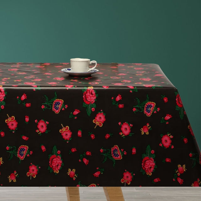 Vintage Blommor – Vaxduk i brunt med röda rosor