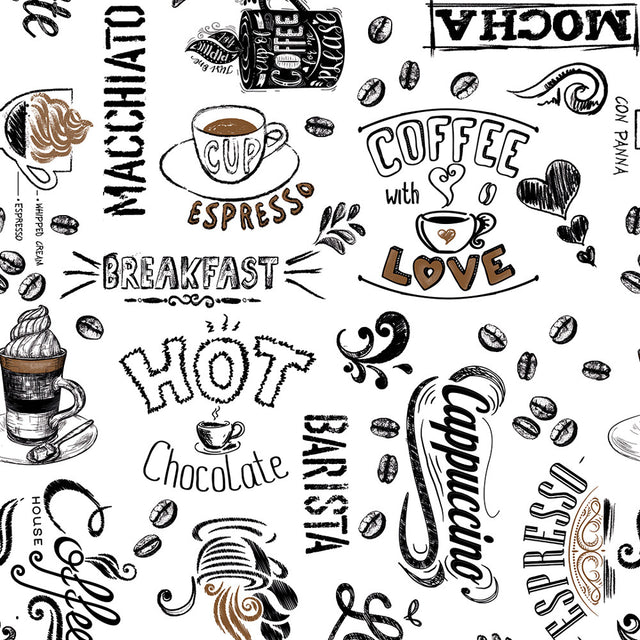 Varsågod, kaffet är serverat  - vaxduk med text, koppar och kaffebönor