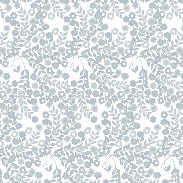 Närbild av Wallflower Ice Grey - Lola vaxduk med blomsterrankor i olika nyanser av grått